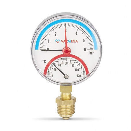 Термоманометр VARMEGA радиальный 80 мм, 6 бар, 120гр.С, 1/2", с отсекающим клапаном, VMMT07-800604