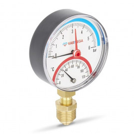 Термоманометр VARMEGA радиальный 80 мм, 6 бар, 120гр.С, 1/2", с отсекающим клапаном, VMMT07-800604
